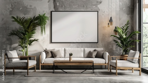 Highlighting a sleek ISO A paper size frame, this living room wall poster mockup captures a modern interior design. The house background adds depth to this 3D render