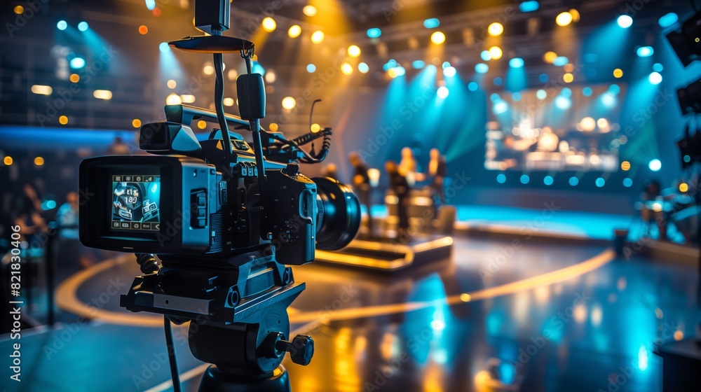 Close-up camera camera aimed at the studio for filming a talk show. Yellow and blue studio lighting. Filming a TV show, copy space Close-up camera camera aimed at the studio for filming a talk show. Yellow and blue studio lighting. Filming a TV show, copy space