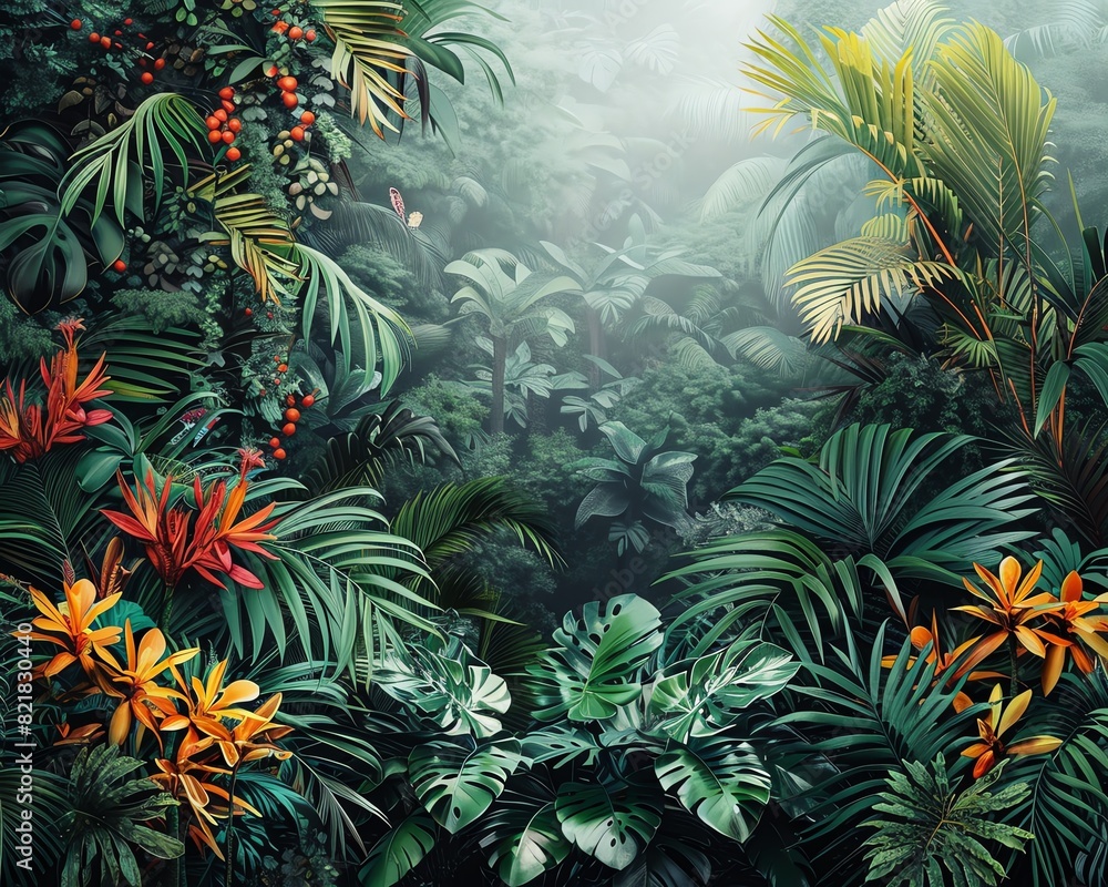 Naklejka premium A lush tropical rainforest with a variety of plants and flowers