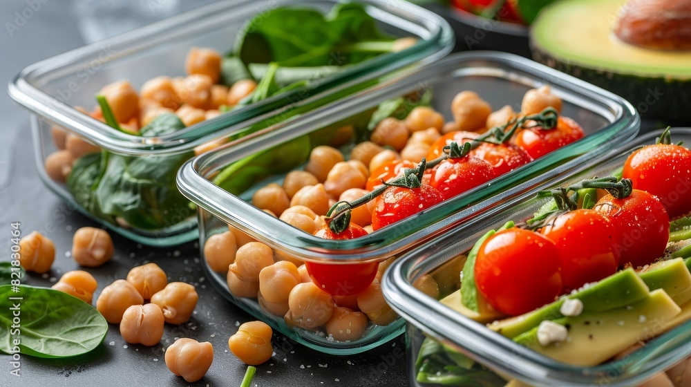 Fresh vegetables and chickpeas in glass containers for healthy meal prepping