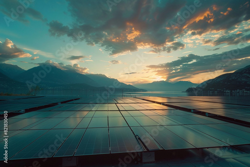 Solar Panels with a Backdrop of Mountains and Evening Sky  © Tohamina