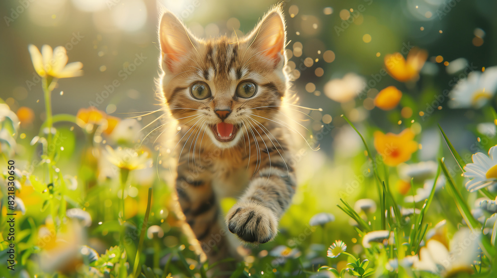 Funny cheerful striped kitten running through a flower field on a sunny summer day. Cute, positive image Funny cheerful striped kitten running through a flower field on a sunny summer day. Cute, positive image