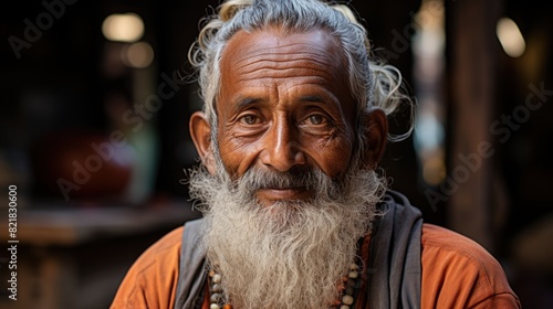 A spiritual elder with a white beard and calming smile dressed in religious attire outdoors photo