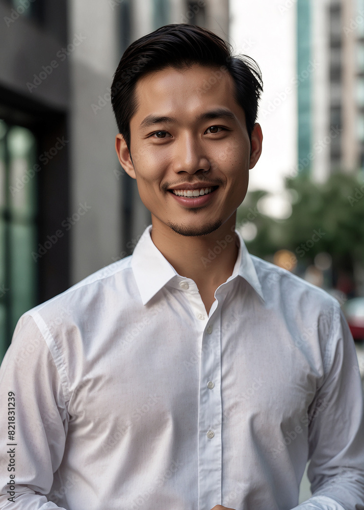 handsome Asian man dressed in a sleek, white dress shirt stands confidently with a radiant smile handsome Asian man dressed in a sleek, white dress shirt stands confidently with a radiant smile