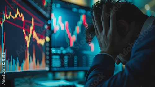 A distressed and hopeless businessman sobs as he witnesses the stock market meltdown and company collapse as a result of the economic crisis - Panic on Finance  photo