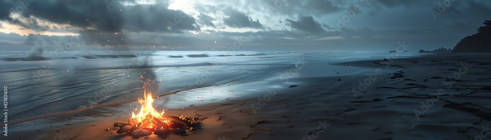 A lone campfire burns on a beach at night. The waves crash against the shore and the wind whips through the trees. The fire is the only source of light in the darkness.
