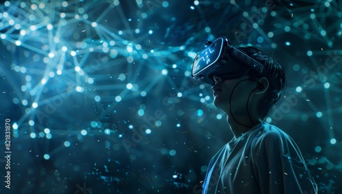 A young man wearing a VR headset in a dark hoodie standing inside a futuristic room with holographic AI digital data visualization around him, in the style of futuristic sci-fi art. photo