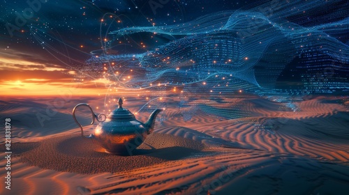 Sunset over the desert dunes with an oriental teapot lying on the sand photo