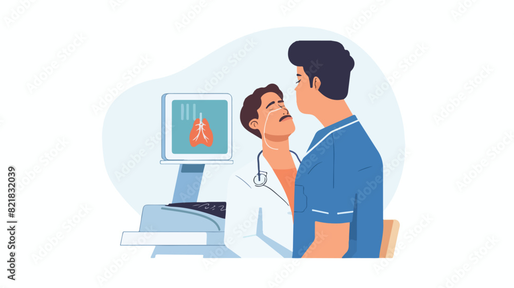 Patient during thyroid gland ultrasound. Doctor check