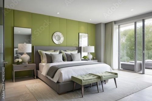 Contemporary All Grey Master Bedroom Design With Light Green Side Tables