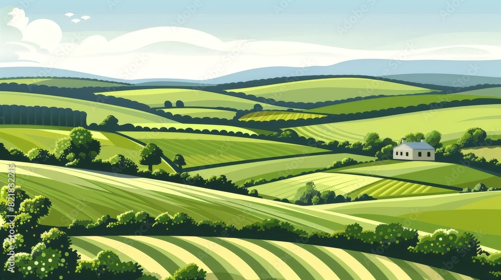 Fototapeta premium A rural landscape with rolling hills and fields, cut out from the city atmosphere