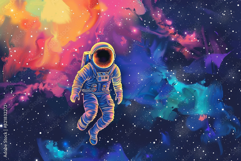 Naklejka premium Space Exploration, Space exploration, cosmic colors, starry background, cartoon drawing, water color style 