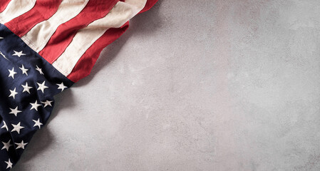 Happy Independence day: 4th of July, American flag on white wooden background.