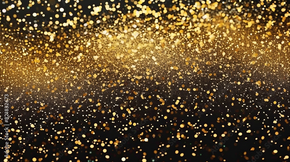 An overlay background of glittering gold dust with falling confetti borders. A wallpaper with a sequin dust design for a wedding banner or a Christmas banner. Modern illustration.