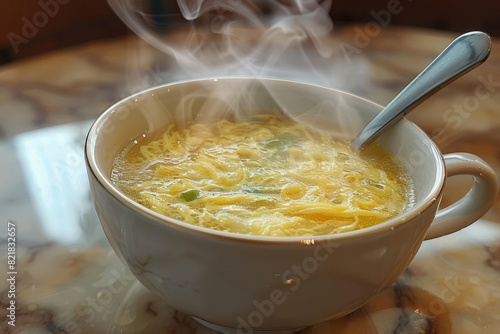 Steaming cup of egg drop soup