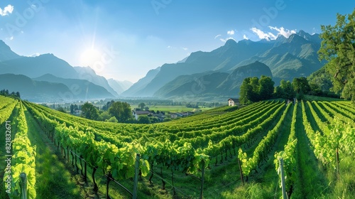 Panorama view of vineyards surrounded by majestic green hills and mountains