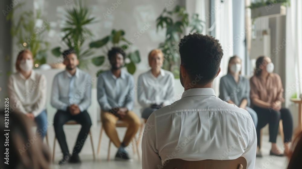 In an inspiring modern office interior, a business coach is delivering a training seminar to a multiethnic group of employees. Back view of the audience from behind. In an inspiring modern office interior, a business coach is delivering a training seminar to a multiethnic group of employees. Back view of the audience from behind.
