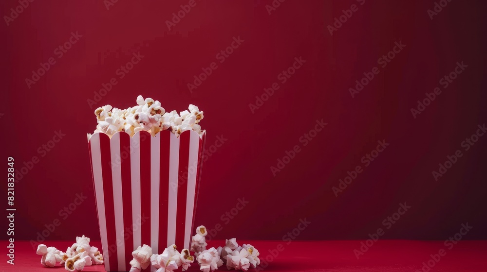 Stylish popcorn scattered from a red striped carton box against a dark red background