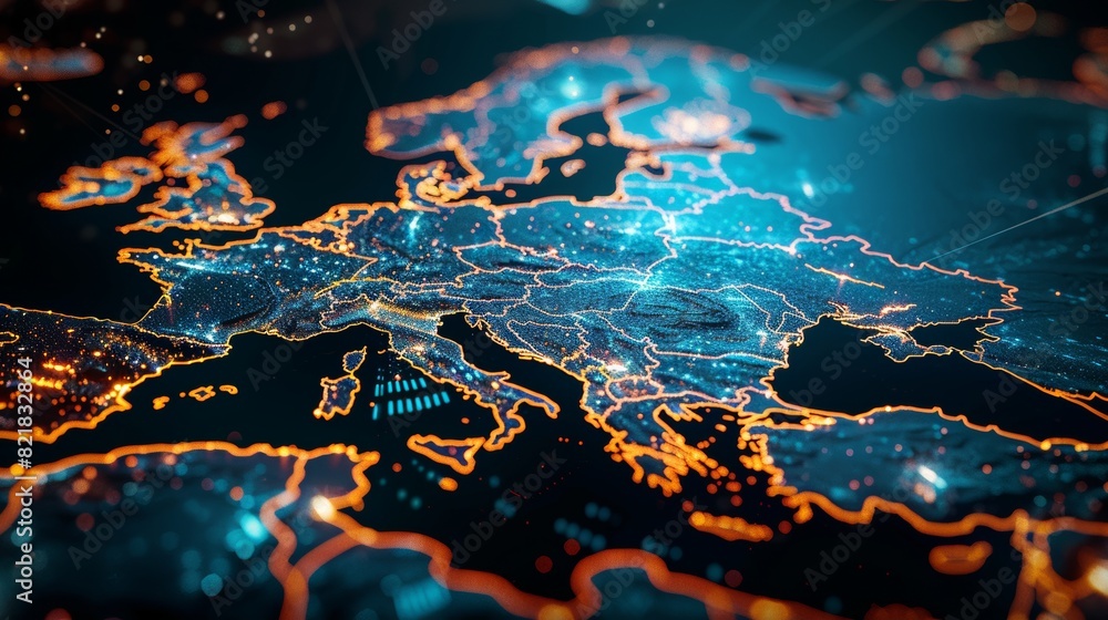 Fototapeta premium An abstract map of Western Europe with a concept of the European global network and connectivity, as well as data transfer options and cyber technology, and information exchange and