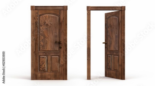One closed and one open brown wooden doors are cut out