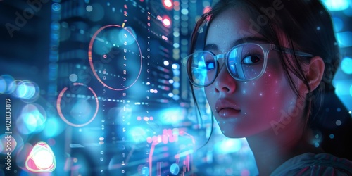 Wallpaper Mural A young woman wearing glasses is surrounded by glowing data and graphs, symbolizing the power of technology in her professional life.  Torontodigital.ca