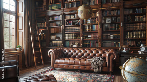 A grand library corner with a tufted leather sofa, a globe pendant light, and a ladder reaching up to shelves of historical biographies.  photo