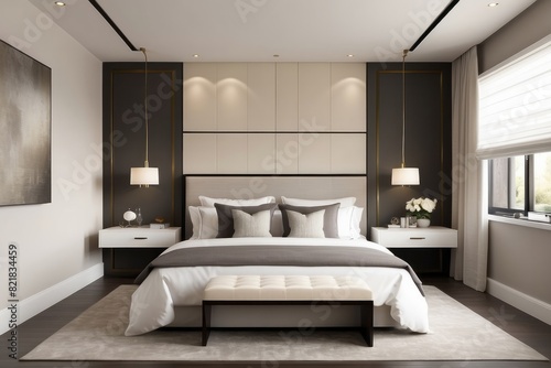 Contemporary Cream Toned Master Bedroom Design With Grey Wall Panel