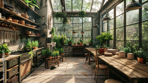 A greenhouse kitchen with herb planters, a skylight, and a farm table set with earthenware dishes.  © Adnan's Stock 