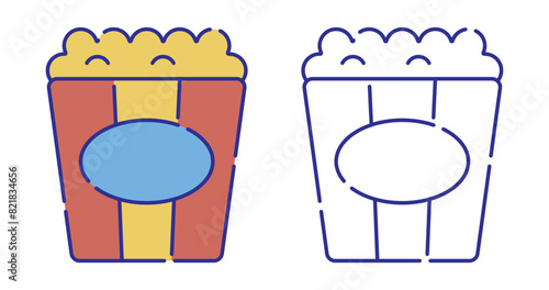 Thin line stroked color icon. Packet of popcorn, bucket of airy dessert. Leisure food at cinema. Simple vector isolated on white background