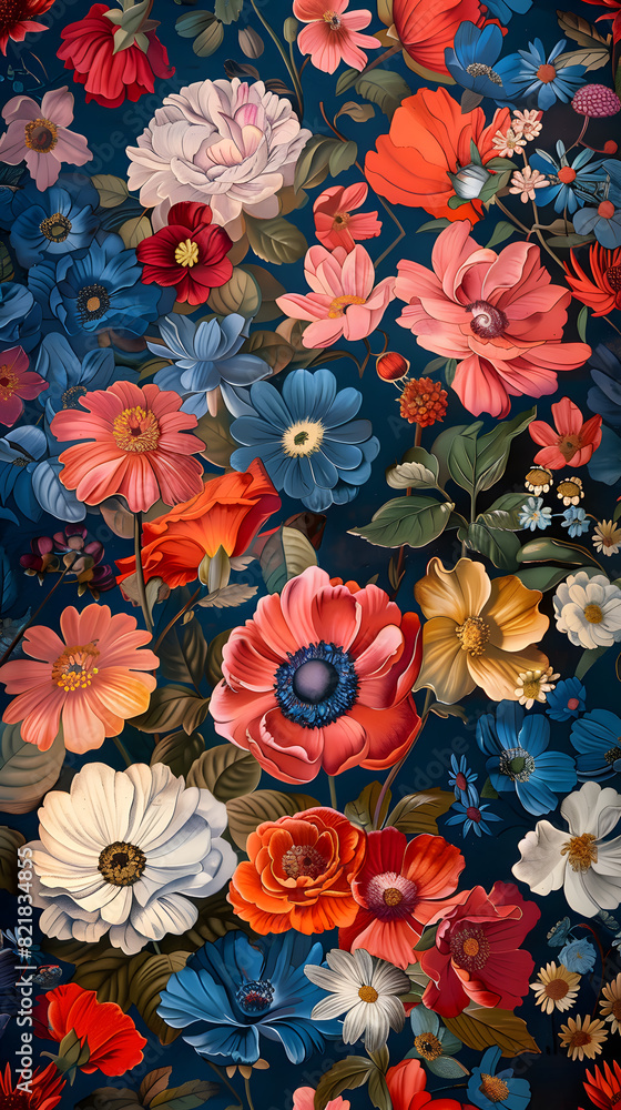 Vibrant flowers on deep blue canvas, striking artistic pattern