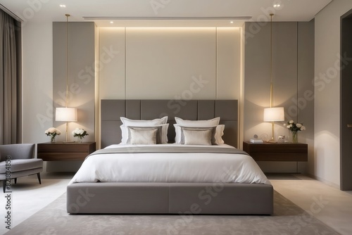 Contemporary Cream Toned Master Bedroom Design With Grey Wall Panel