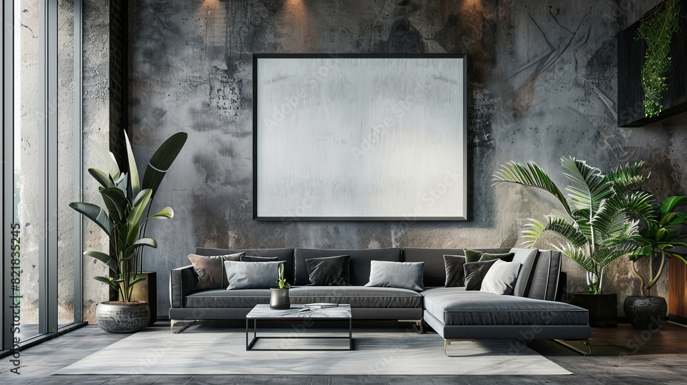 Mockup concept of a modern living room interior with a wall poster, plants, and furniture against a concrete background. Stock AI. Mockup concept of a modern living room interior with a wall poster, plants, and furniture against a concrete background. Stock AI.