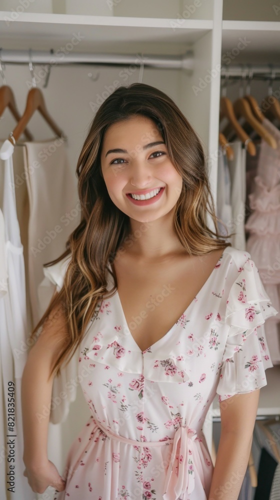 A woman is wearing a floral dress and smiling A woman is wearing a floral dress and smiling