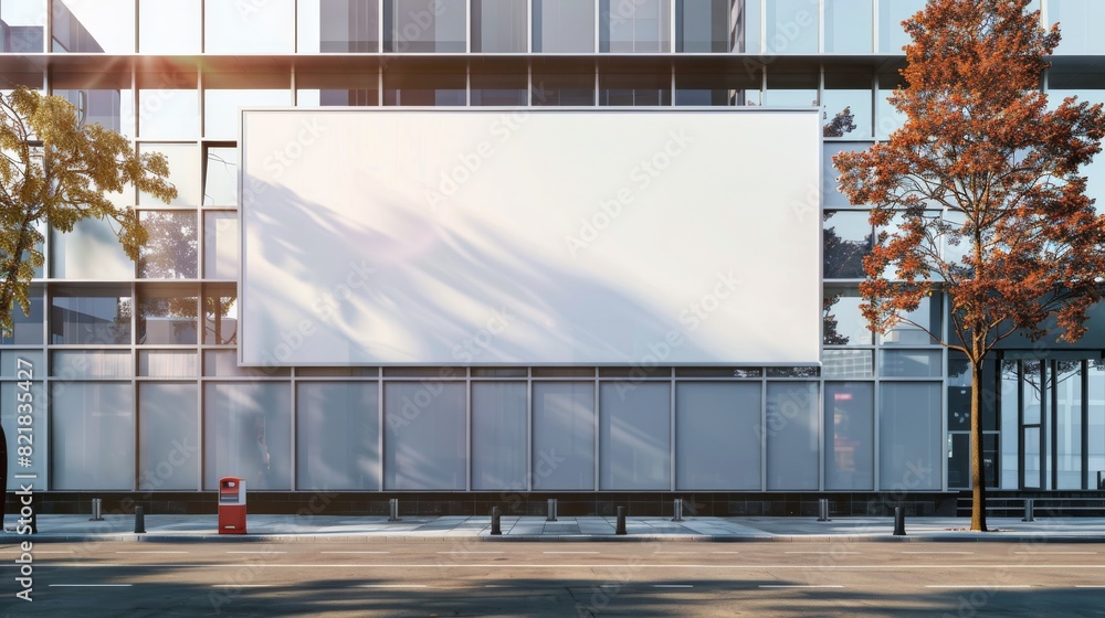 Billboard on a modern building facade, on a street background, notion of marketing. AI-generated image. Billboard on a modern building facade, on a street background, notion of marketing. AI-generated image.