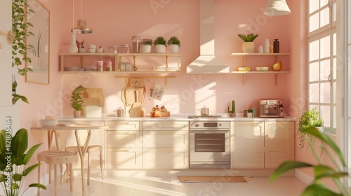 Cooking zone and eating zone in a kitchen  along with drawers and mockup walls