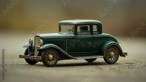 An antique green toy car displayed on a muted beige background, providing a simple backdrop for additional elements.