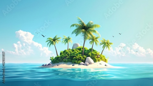 cartoon image of a small tropical island with green palm trees