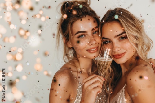 Photo of two young party women smiling and drinking champagne from glasses while standing under falling confetti isolated over white background