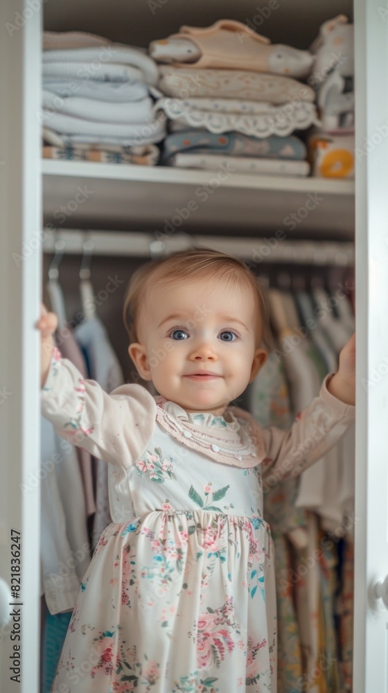 A baby girl is standing in a closet, wearing a floral dress A baby girl is standing in a closet, wearing a floral dress