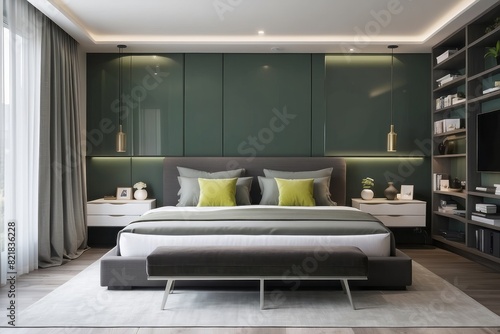Contemporary Green And Grey Master Bedroom Design With Bay Seater