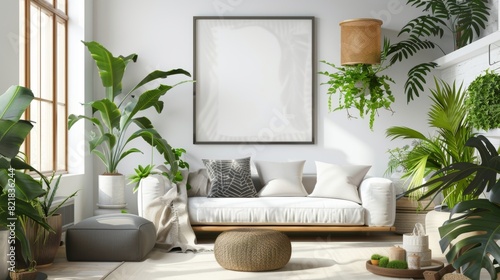With a blank poster on the wall, surrounded by indoor plants, the design is based on photo-realistic photography and a natural light background. Stock AI home decor concept.