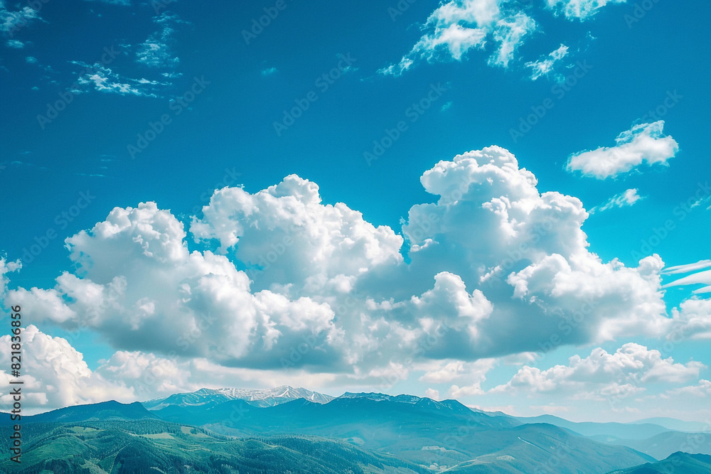 Spectacular natural landscape of a mountain range covered with cumulus clouds against a bright blue sky Spectacular natural landscape of a mountain range covered with cumulus clouds against a bright blue sky