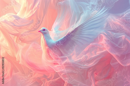 International Day of Peace serene dove made of flowing ribbons of light, soaring through a sky filled with abstract, pastel-colored clouds, representing harmony and peace, peace flag background photo
