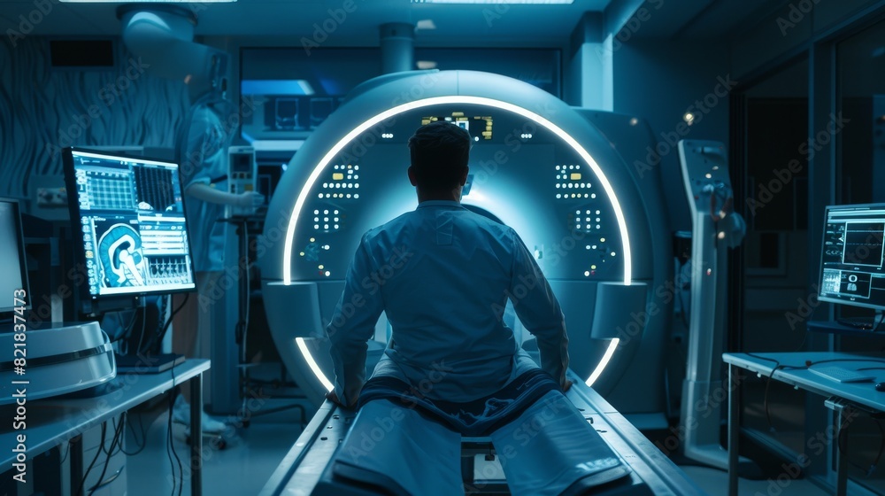 In the Laboratory, MRI or CT scans are performed under the supervision of a Radiologist, while in the Control Room, a surgeon watches the process and monitors the results of the scan.