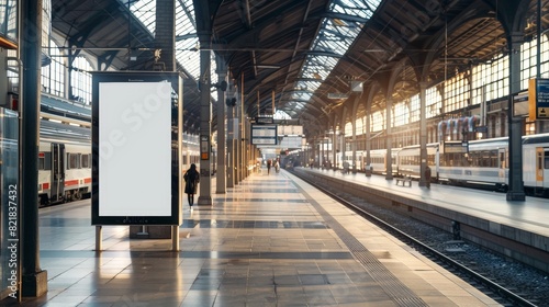 Fototapeta Naklejka Na Ścianę i Meble -  In the heart of the train station, a lightbox vertical billboard with a blank digital screen stands out. This mockup, featuring a white poster, is ideal for displaying public information or ads to 
