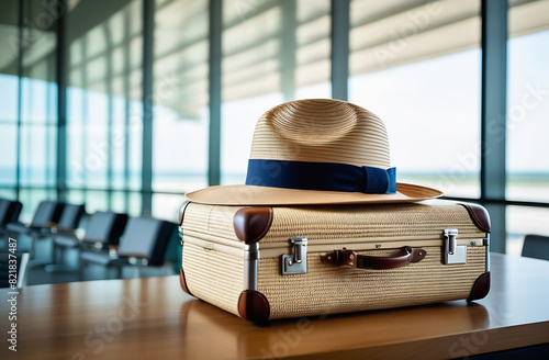 A straw hat on a suitcase against the background of airport windows is going on a trip.