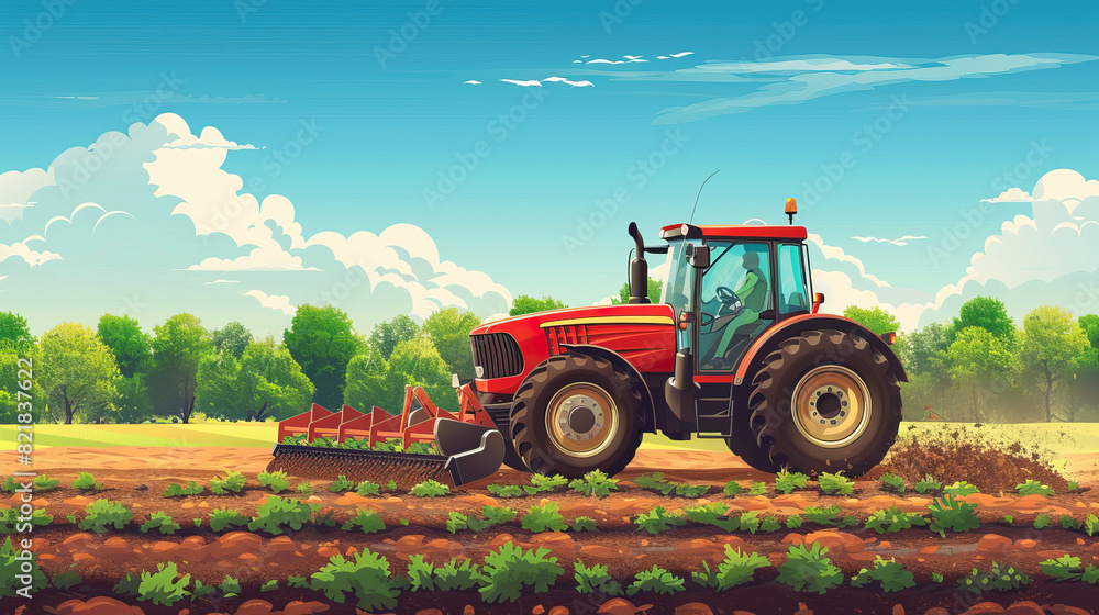 Obraz premium A bright red tractor harvests crops on a lush farm field under a clear, sunny sky, harvesting, poster, copy space