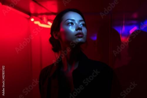 Hopeful woman with red neon light on her face