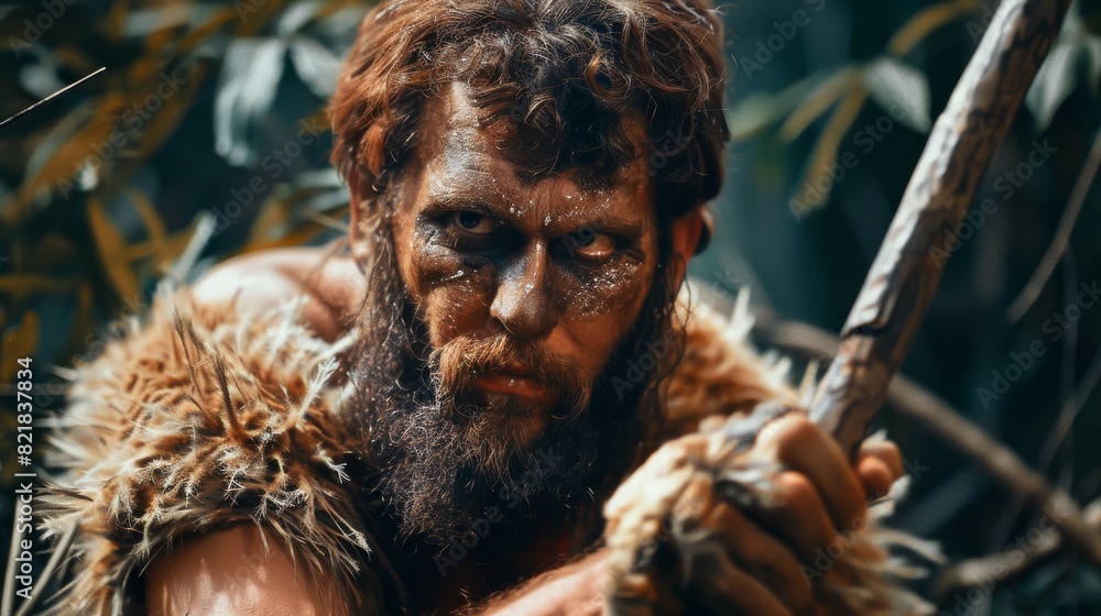 Obraz premium An ancient caveman wearing animal skins and fur holding a stone-tipped spear steps out of his cave into a prehistoric forest. An ancient neanderthal is hunting in a jungle.