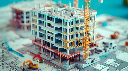 construction project, multi-storey building under construction on blueprint